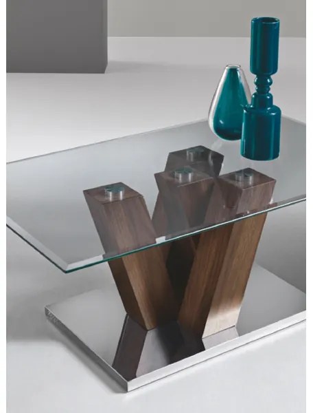Tavolino da salotto in vetro con base legno teak - YURI