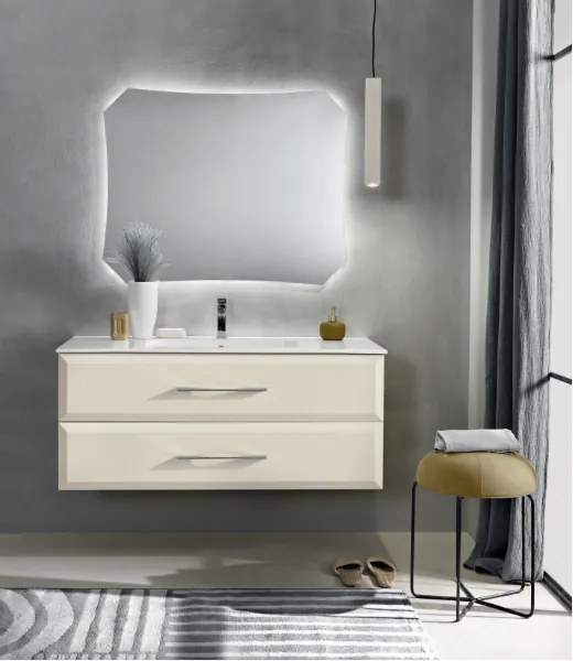 Mobile da bagno sospeso moderno base 120 CLEIDE con 2 cassetti e lavabo, AVORIO OPACO