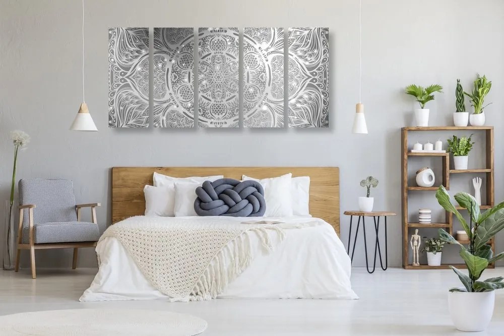 Quadri 5 pezzi – Mandala indiana con sfondo galattico in bianco e nero