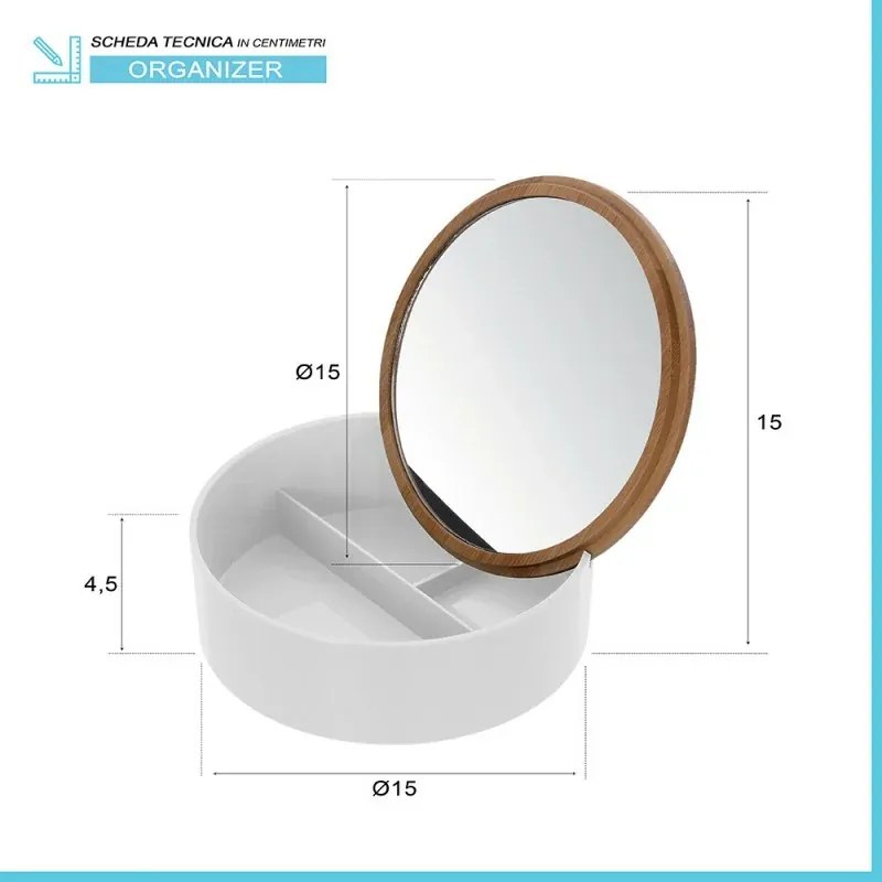 Porta trucchi da bagno tondo in plastica bianca e bamboo completo di specchio