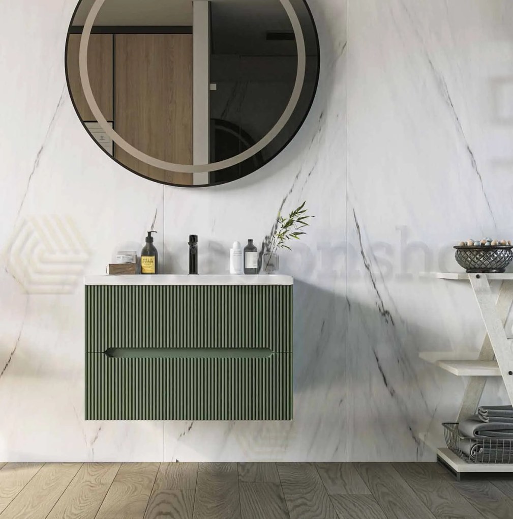 Mobile bagno verde muschio 60x46 cannettato Urbino  due cassetti con lavabo in ceramica frontale