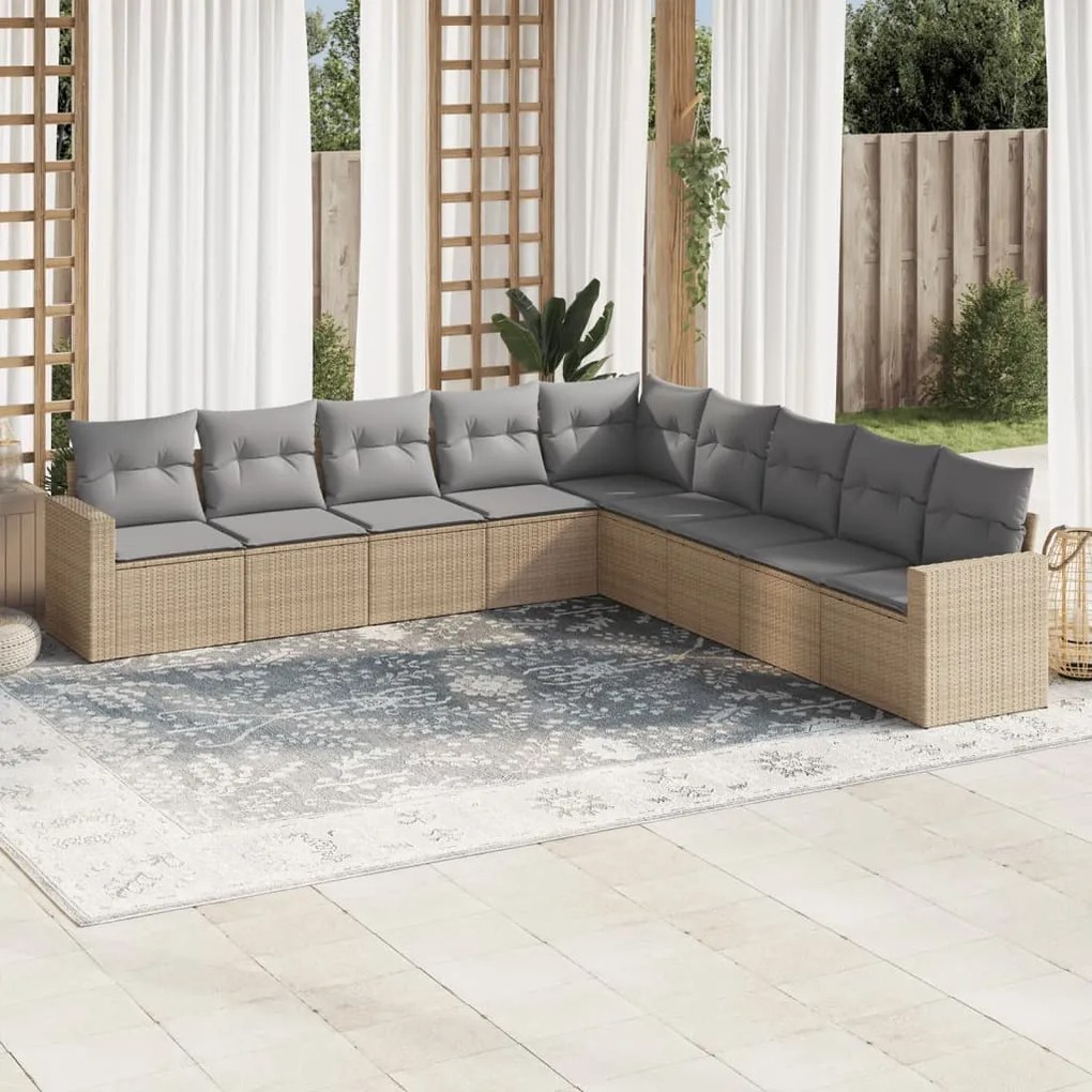 Set divano da giardino 9 pz con cuscini beige in polyrattan