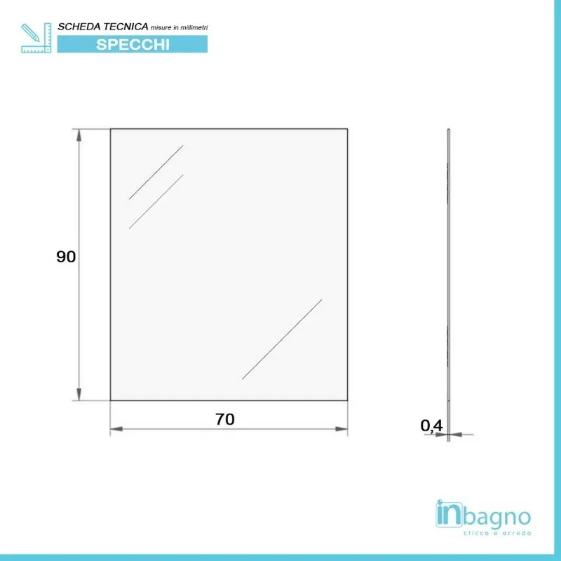 Specchio bagno 70x90 cm a filo lucido con installazione reversibile