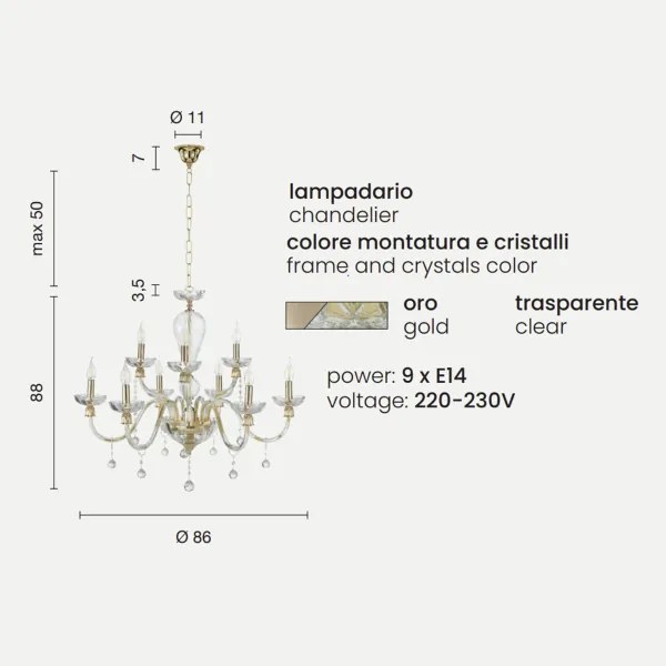 Lampada a sospensione ROXANNE in vetro soffiato lavorato a mano D86 cm 9 LUCI