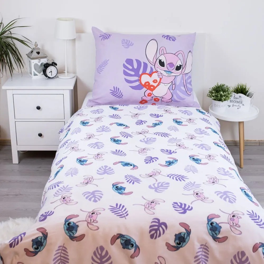 Set copripiumino e federa da bambini viola in cotone per letto singolo 140x200 cm Lilo and Stitch "Kiss" – Jerry Fabrics