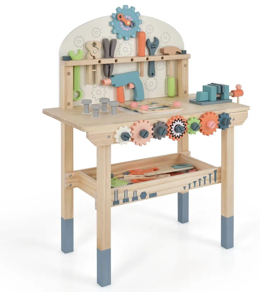 Costway Banco da lavoro per bambini con attrezzi e accessori realistici e ripiano, Banchetto da lavoro in legno Colorato