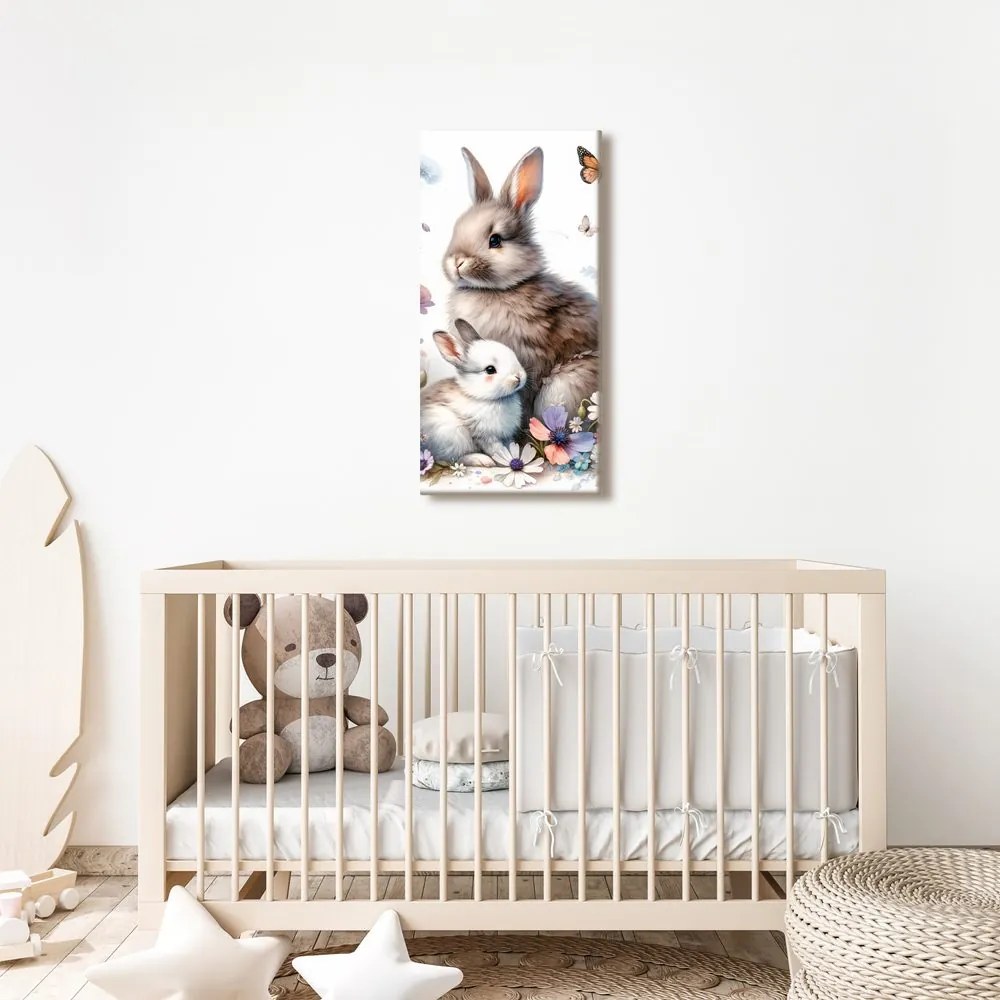 Quadro su tela – Prato primaverile con conigli e farfalle