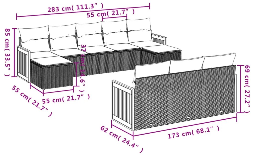 Set divano da giardino 10 pz con cuscini grigio in polyrattan