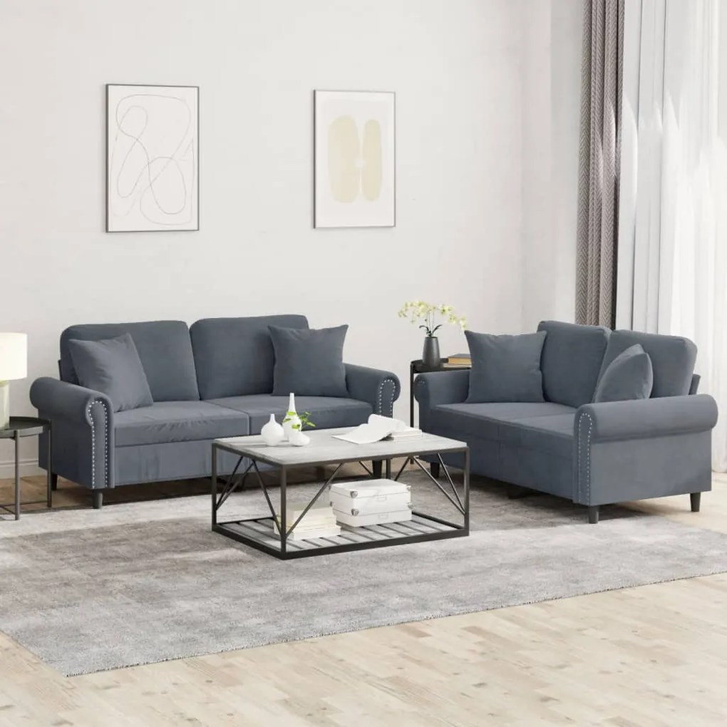 Set Di Divani 2 Pz Con Cuscini Grigio Scuro İn Velluto /