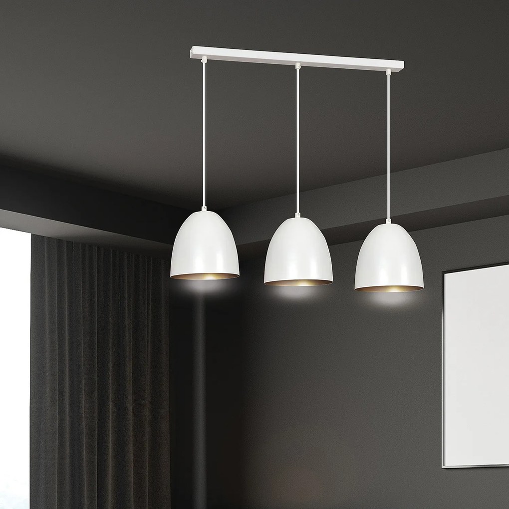 Lampadario 3 Luci Reartù In Acciaio Bianco Con Cupole In Nero E Oro