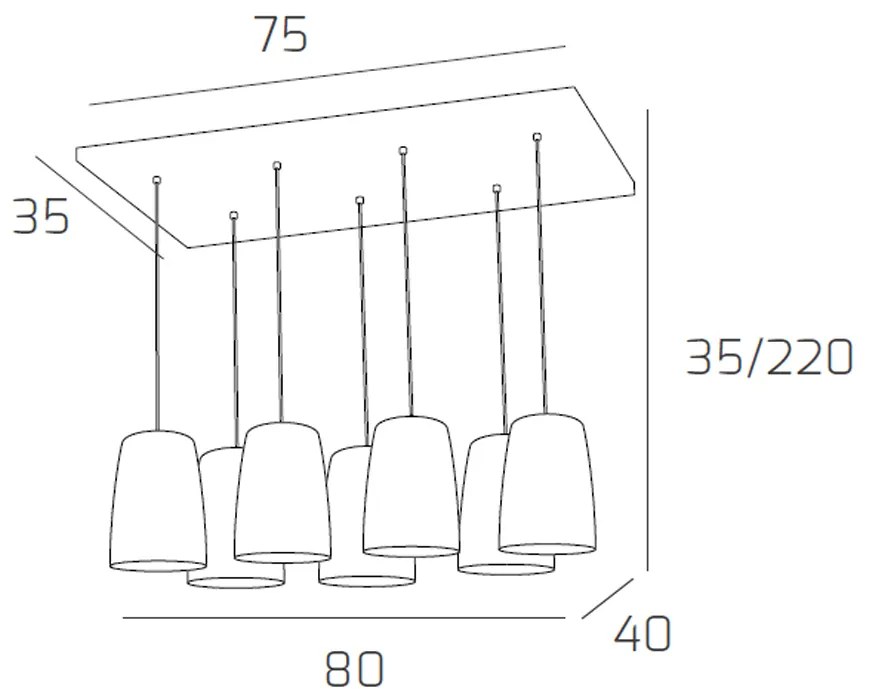 Sospensione Contemp. Rett. Shaded Metallo Cromo Vetro Ambra E Rame 7 Luci E27