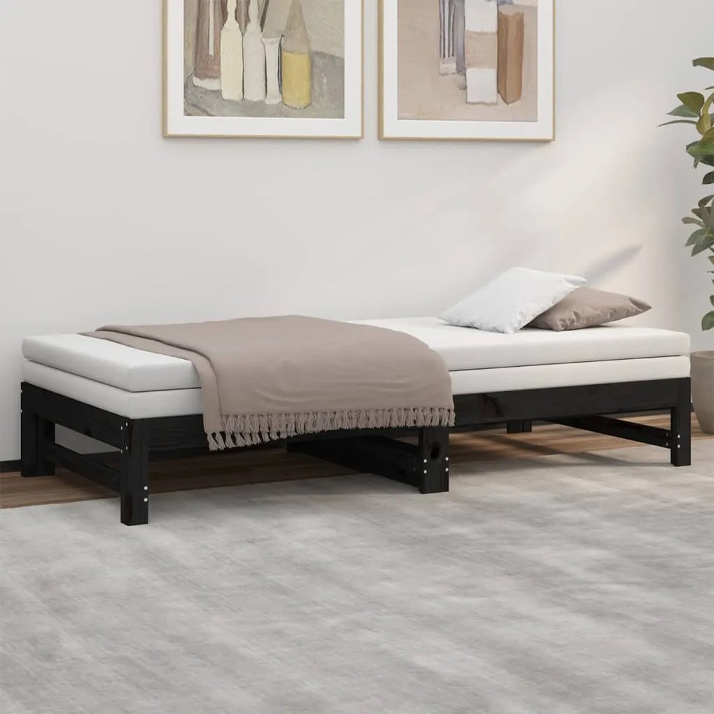 Dormeuse estraibile nera 2x(90x190) cm legno massello di pino