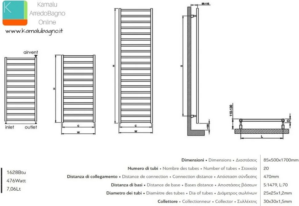 Termoarredo bagno 500x1700m cromato modello Kam-378B - KAMALU