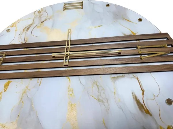 Orologio tondo Parete 65 cm Vetro Effetto Marmo e Doghe Noce