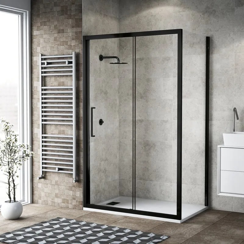 Porta doccia scorrevole L 117-120 cm x H 195 cm per nicchia in vetro trasparente SP. 6 mm, profilo nero, serie Record