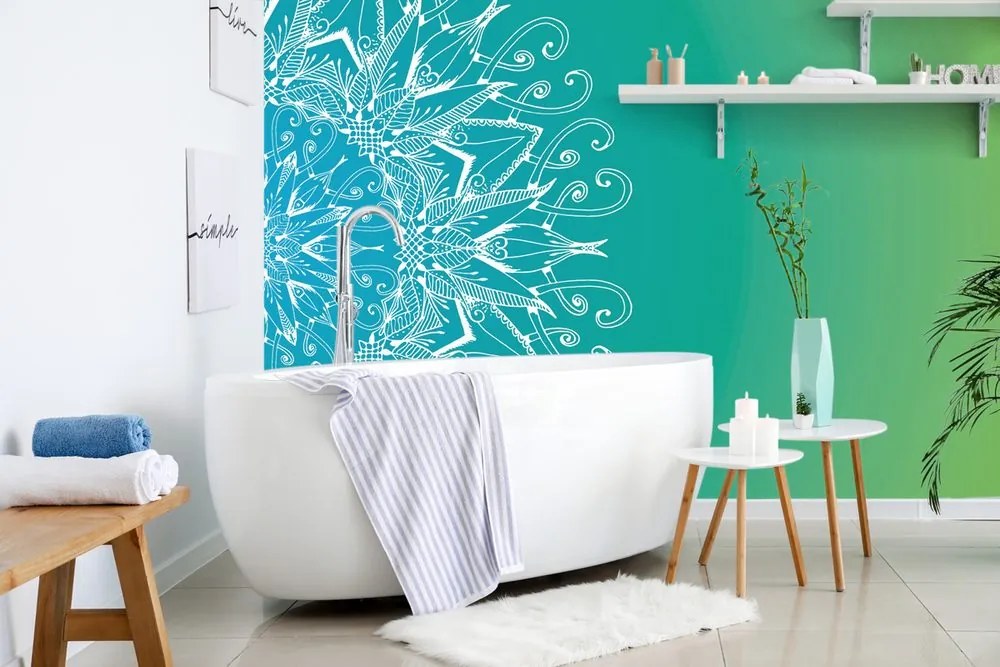 Carta da parati – Mandala bianca su sfondo verde-blu
