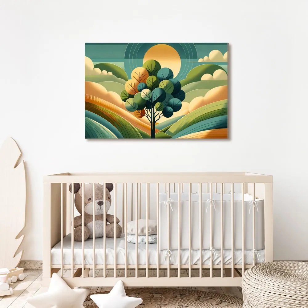 Quadro su tela – Albero della vita in un paesaggio soleggiato