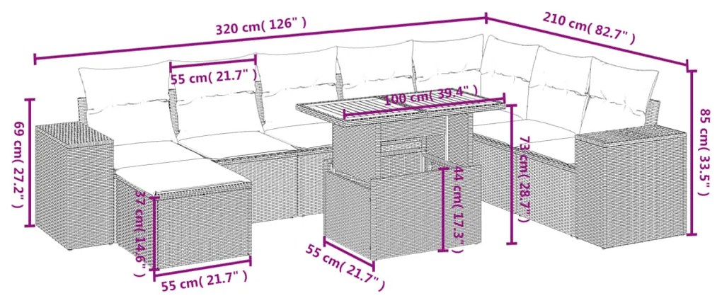 Set divani da giardino 9 pz con cuscini nero in polyrattan