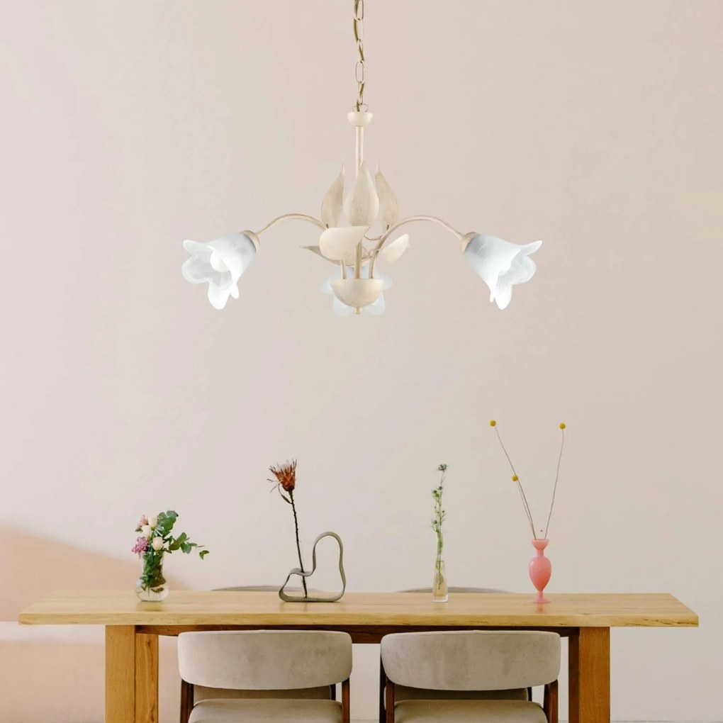 Lampadario 3 Luci Olga Avorio Oro Stile Ferro Battuto Vetro BeLight