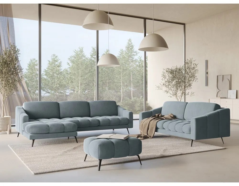 Divano angolare azzurro (con penisola a sinistra) con rivestimento in velluto Nalu – Makamii