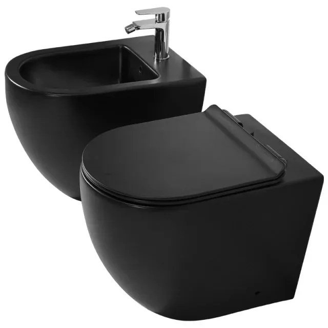 Sanitari Filomuro in ceramica nera opaca con copriwc e scarico a tornado Tokyo