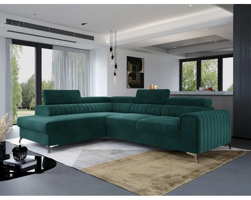 Divano angolare verde allungabile/con contenitore (con penisola a sinistra/a L) e rivestimento in velluto Laurence – ELTAP