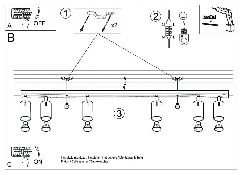 Apparecchio da soffitto bianco 6L Etna - Nice Lamps