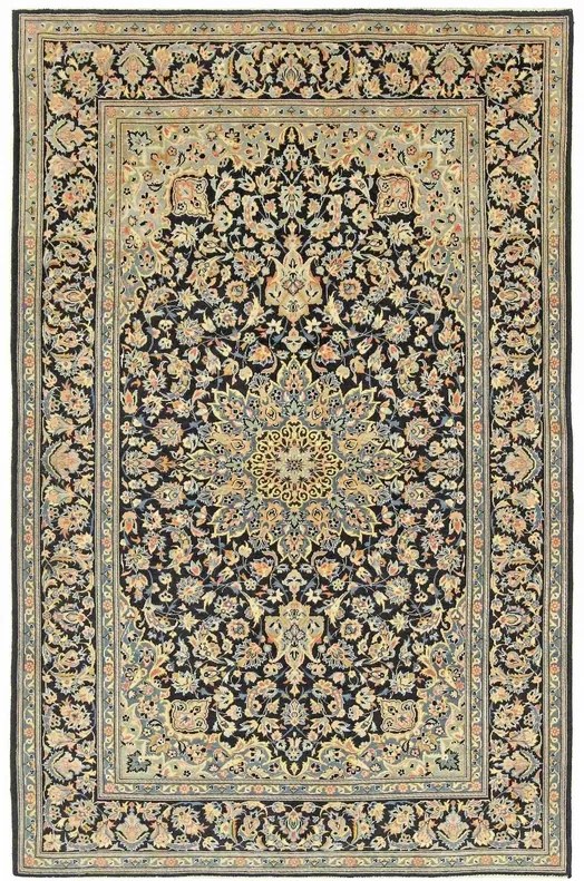 Kashan Tappeto 140x220 Blu (Iran) Annodato A Mano