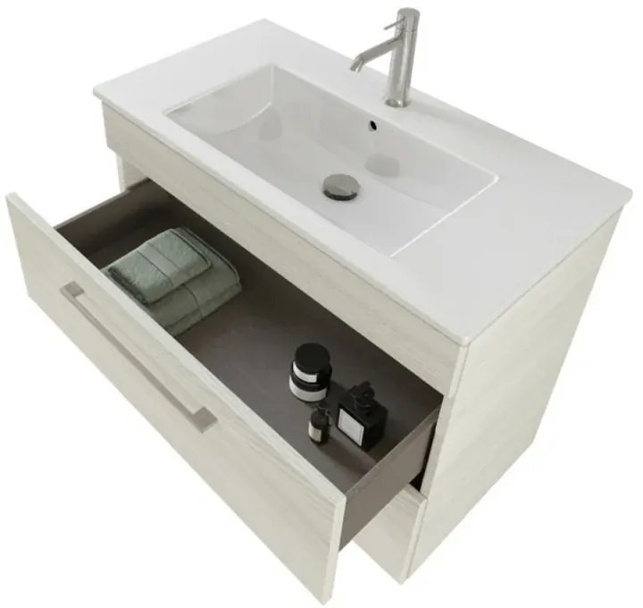 Mobile bagno sospeso 80 cm Smart bianco legno con specchio contenitore