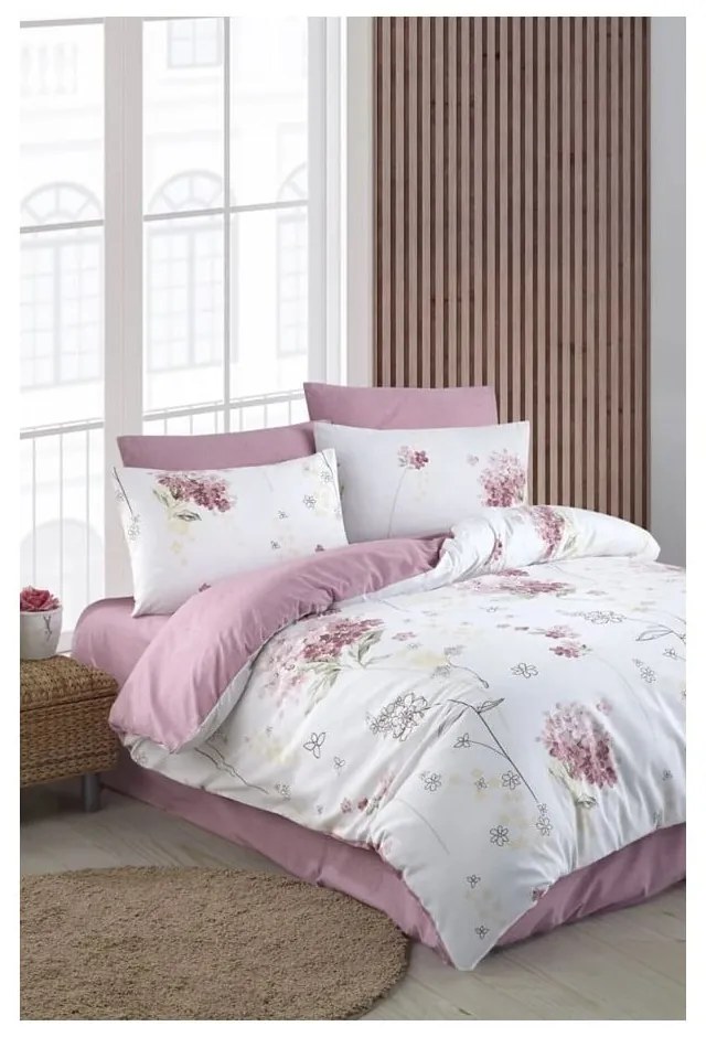 Biancheria da letto bianca/rosa per letto matrimoniale/per letto prolungato con lenzuolo incluso/4 pz 200x220 cm Floral – Mila Home