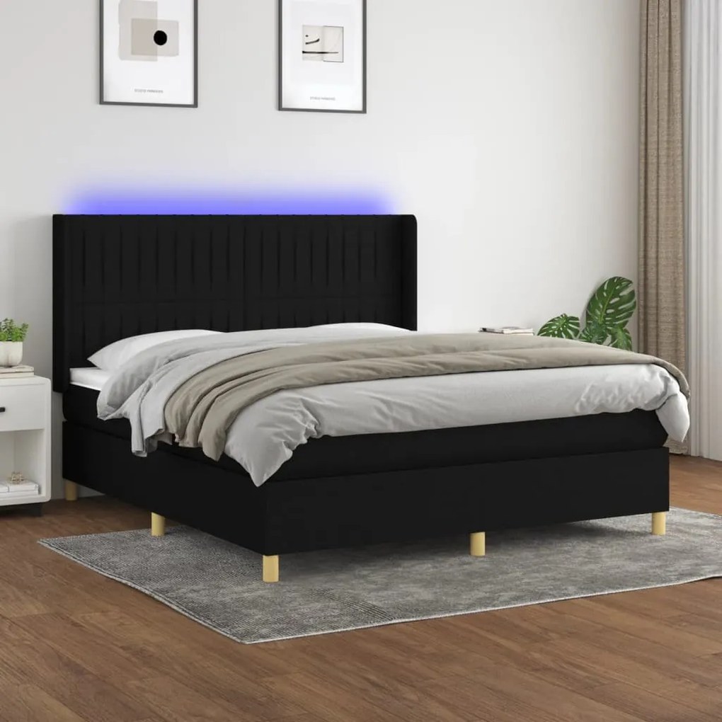 Letto a molle con materasso e led nero 180x200cm in tessuto