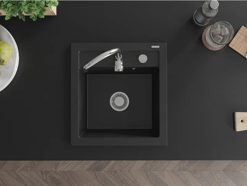 Mexen Vito lavello in granito a 1 vasca 520 x 490 mm, nero, sifone cromato - 6503521000-77