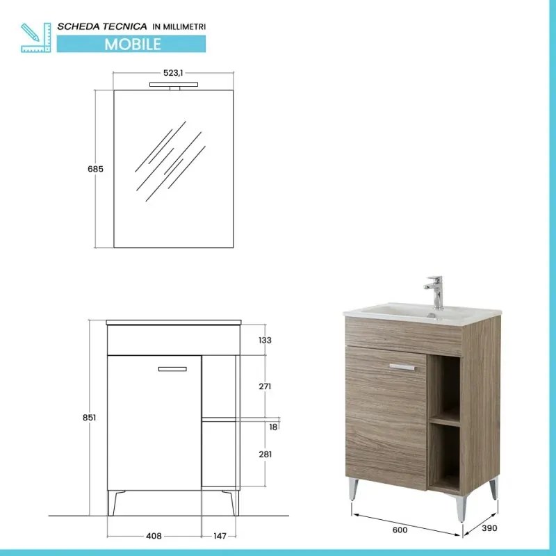 Mobile bagno a terra 60 cm rovere tropea con 1 anta lavabo e specchio Martha