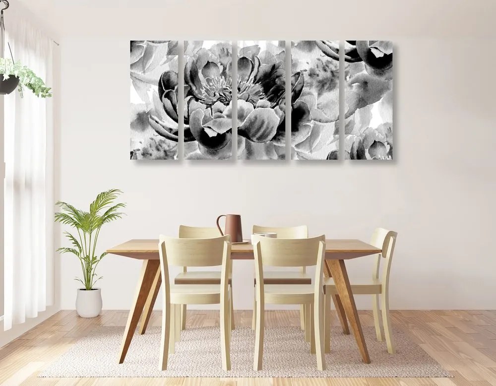 Quadri 5 pezzi – Peonie in bianco e nero