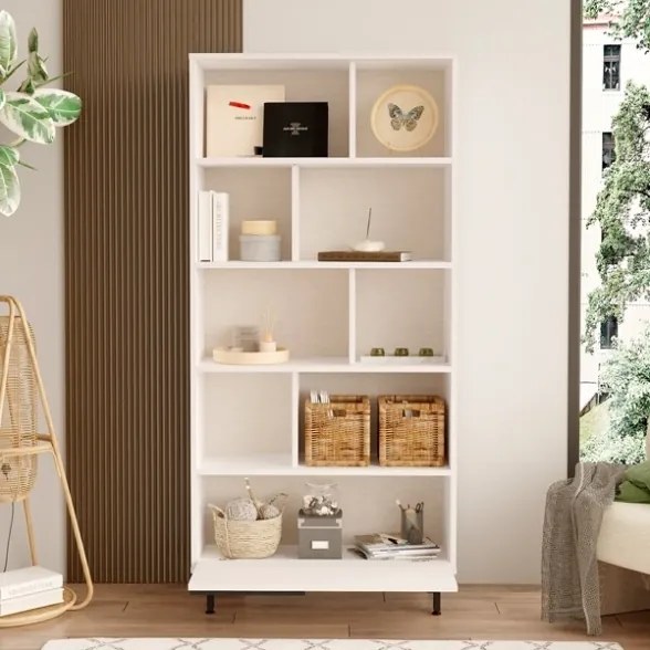 Libreria Moderna Con Vani A Giorno Ed Anta Frontale 84x30x175 Ocean Bianca