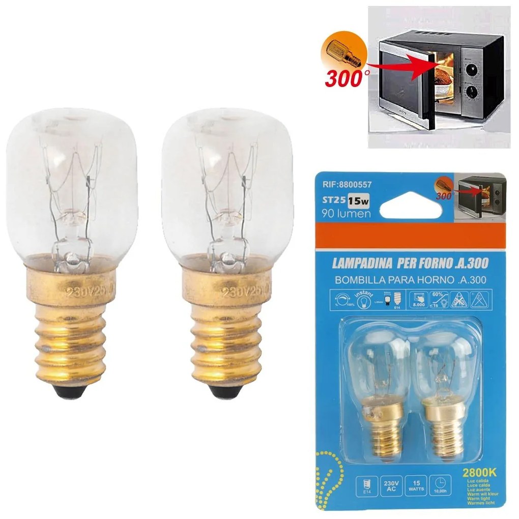 2 Lampadine Da Forno e Microonde E14 ST25 15W 230V 80 Lumen 2800K Resistente Alta Temperatura Fino a 300 Gradi