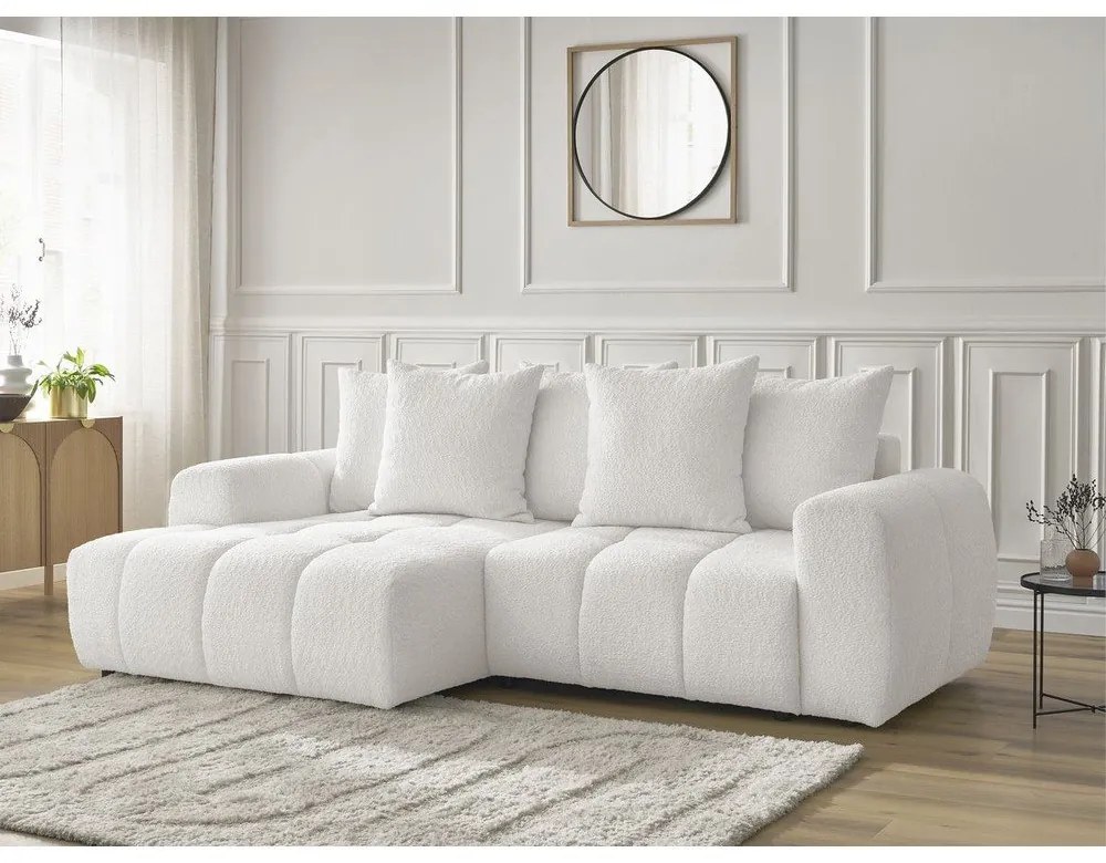 Divano angolare bianco allungabile/con contenitore (con penisola a sinistra/con chaise lounge) con rivestimento in bouclé Roxelane – Bobochic Paris