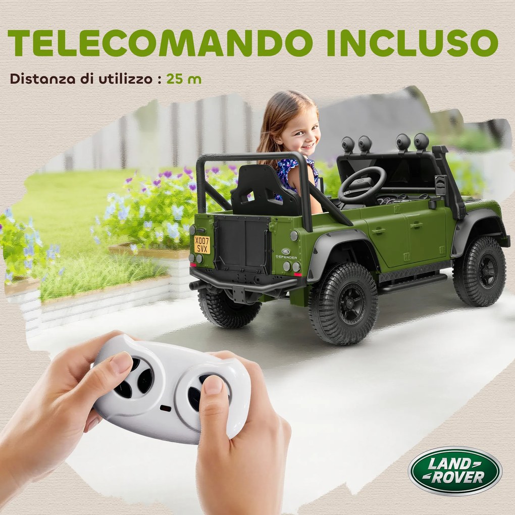 Macchina Elettrica per Bambini Licenza Ufficiale Land Rover Defender 12V con Telecomando Verde...