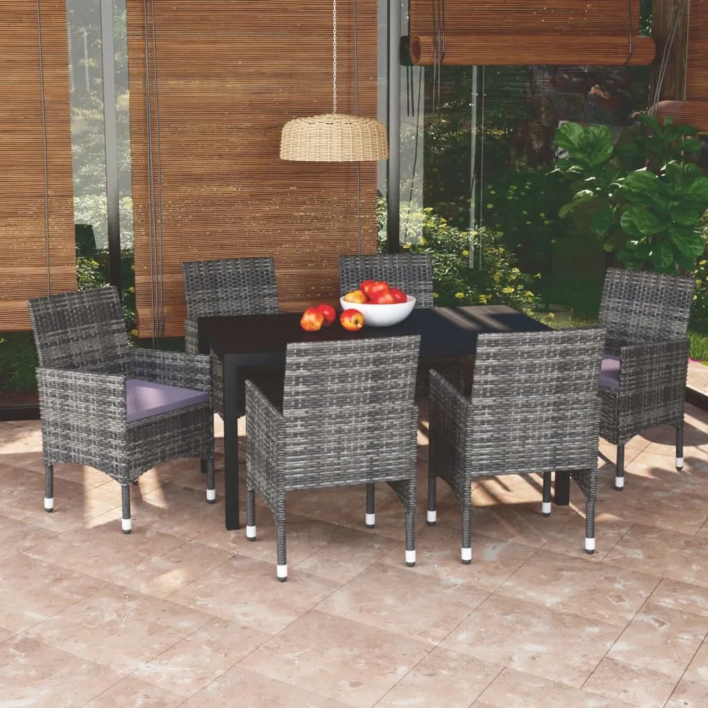 Set da pranzo per giardino 7 pz con cuscini polyrattan grigio