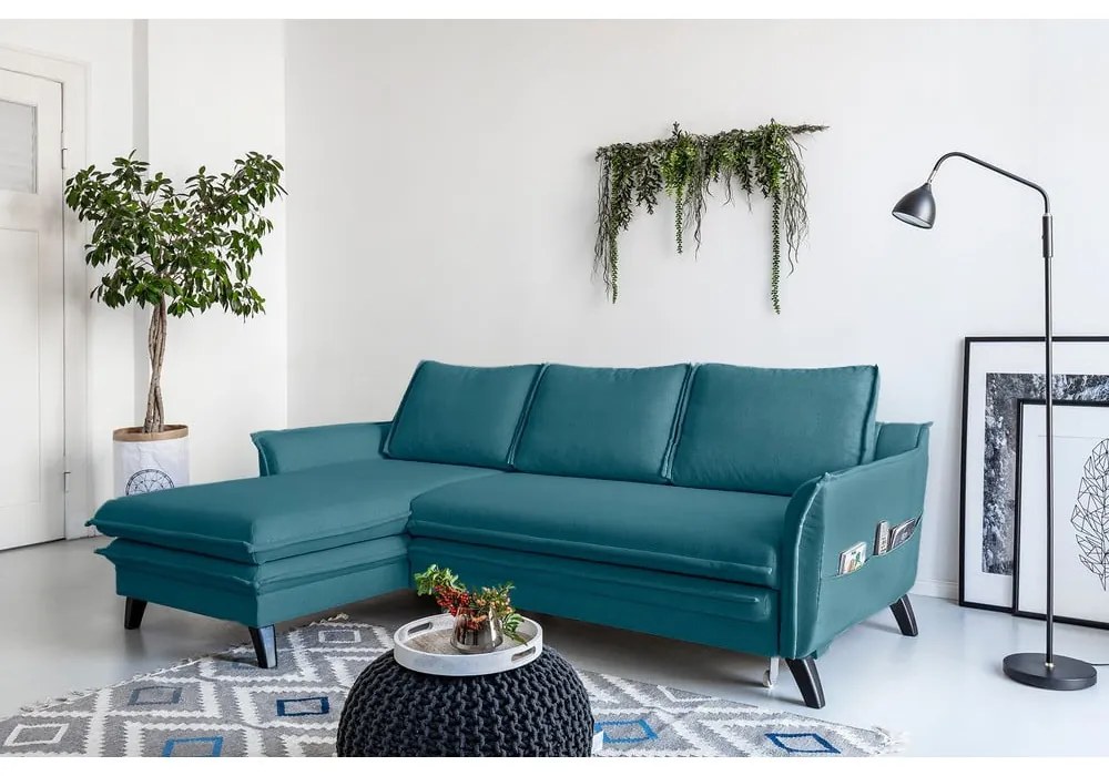 Divano letto angolare turchese, angolo sinistro Charming Charlie - Miuform