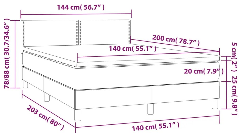 Letto a Molle Materasso e LED Grigio Scuro 140x200cm in Tessuto