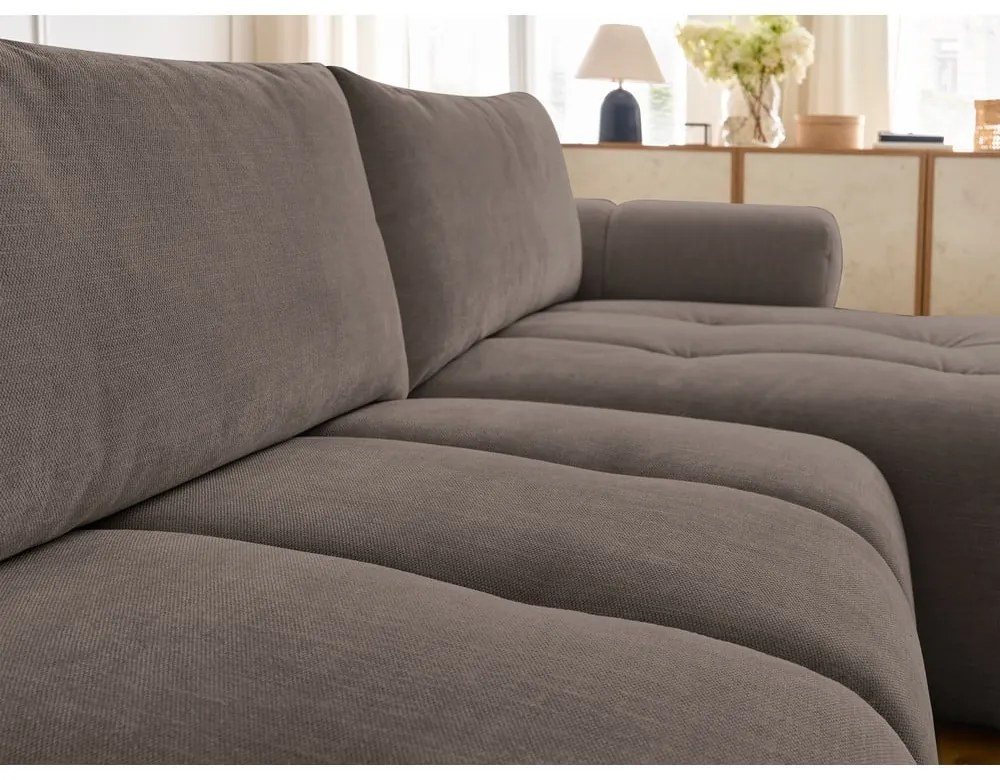 Divano angolare grigio tortora allungabile e con contenitore (penisola a destra/chaise lounge) con rivestimento in ciniglia Fuji – Bobochic Paris