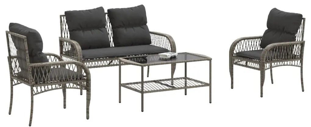 Set divani da giardino 4 pz con cuscini in polyrattan grigio
