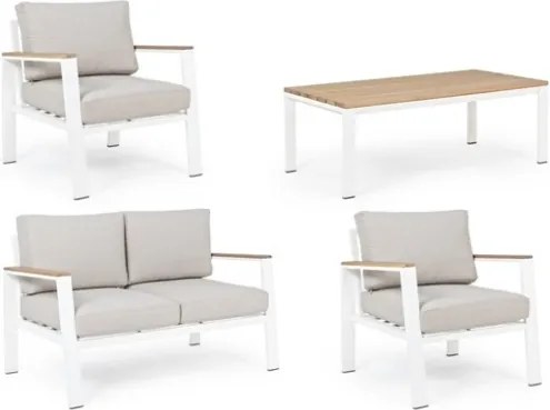 Salotto Da Esterno In Alluminio Bianco Inserti Legno Con Cuscini E Tavolino Belmar Bizzotto