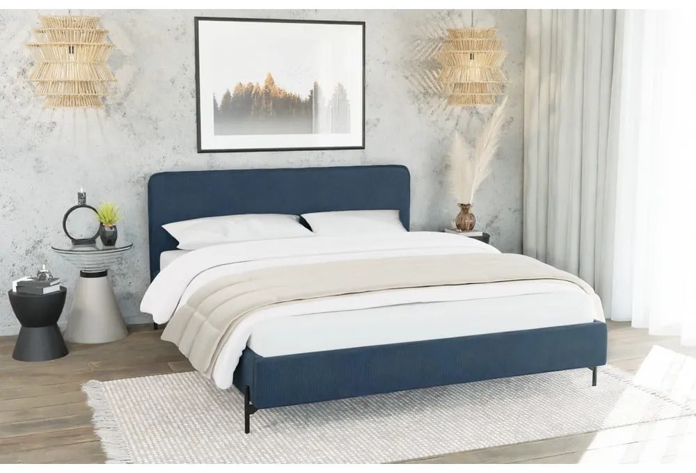 Letto matrimoniale imbottito blu scuro con griglia 140x200 cm Barker - Ropez