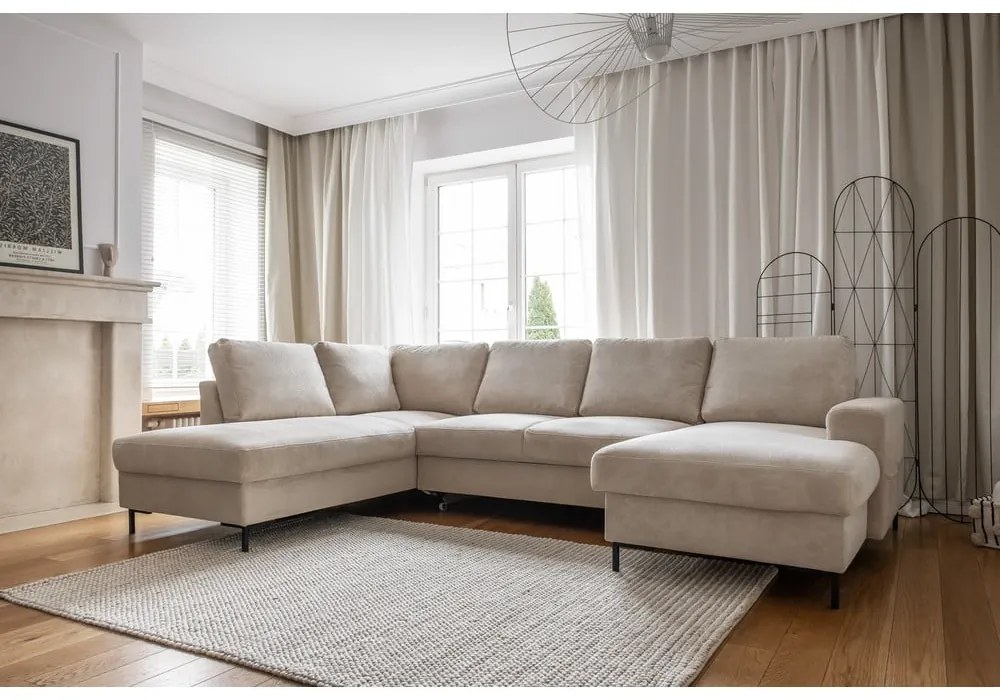 Divano letto in velluto a coste beige (angolo sinistro) Lofty Lilly - Miuform