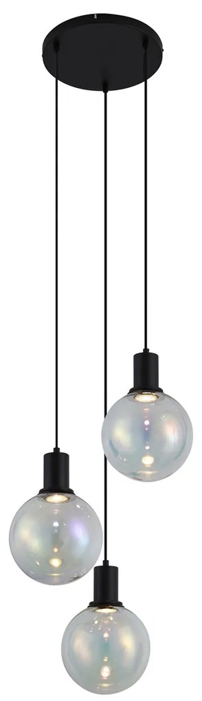 Lampada a sospensione di design nera con vetro trasparente rotondo a 3 luci - Mallon