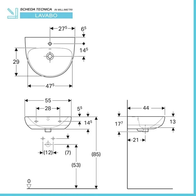 Lavabo con colonna Geberit 55 cm in ceramica bianco Selnova