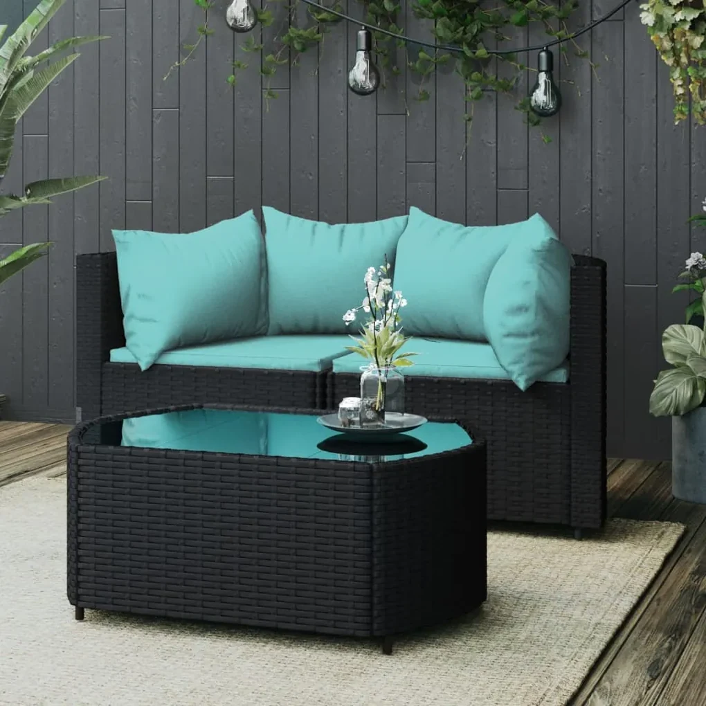 Set divani da giardino 3 pz con cuscini nero in polyrattan