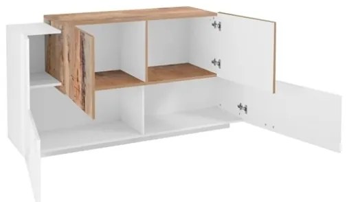 Madia 4 Ante 160x86x45 Design Moderno Bianco Lucido Effetto Legno New Coro